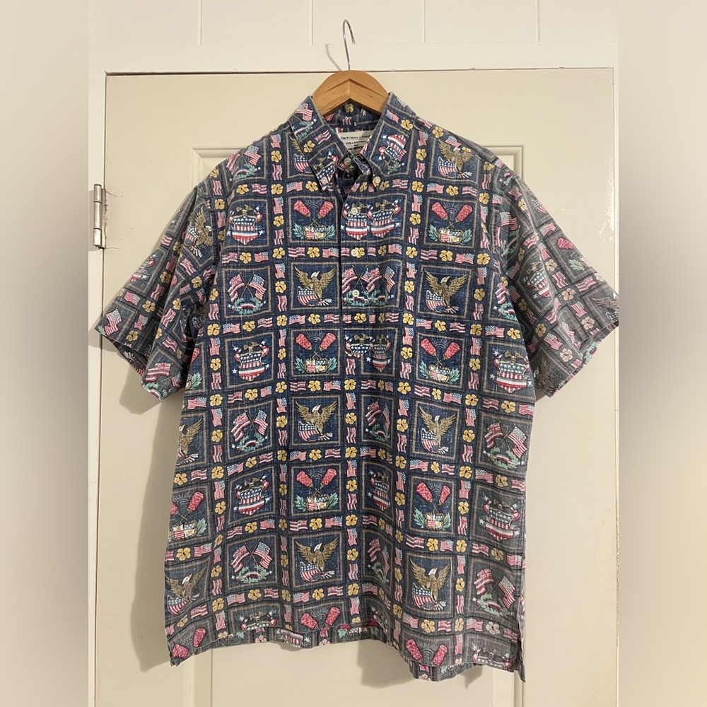 Reyn Spooner Dietrich Varez Hawaiian Button Pullover Shirt USA Flag Patriotic